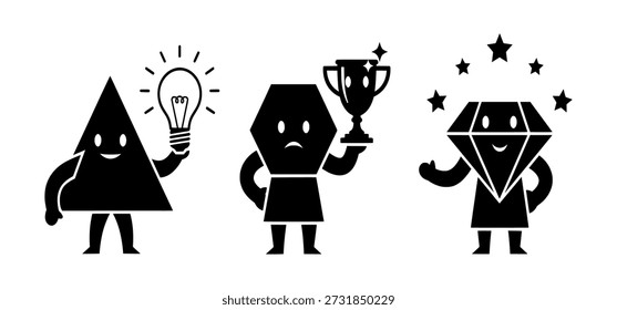 Tres personajes geométricos con diferentes emociones que sostienen varios objetos