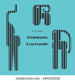 Three Geometric Cutted on Stripes Stylized Elephant Logotypes Made in Flat Style. Square Shaped Elephants. Black Colored Logos on the Blue Background. Funny Sample Inscription. EPS10 Vector