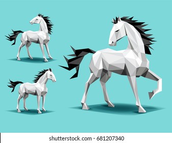 three geometric horses, low polygon shapes, on teal background, standing, leg up, shadows, looking back