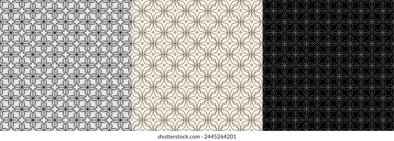 Three geometric patterns in gray, black and brown. Intertwining lines in a diamond pattern. Seamless pattern, grid of diamonds.