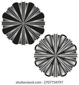 Three geometric shapes. Abstract radial figures. Dynamic black patterns. Vector simple elements.