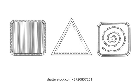 Três formas geométricas, incluindo um quadrado com linhas verticais, um triângulo com linhas tracejadas e um quadrado com uma espiral.