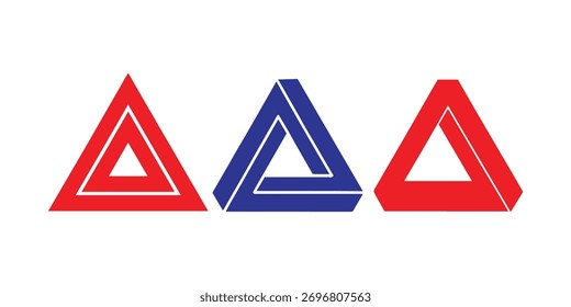 Três formas geométricas, duas vermelhas e uma azul, estão dispostas em sequência. O triângulo azul parece ser um objeto impossível.