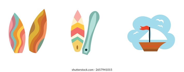 Three geometric square abstract summer colorful pattern of blocks and icons,