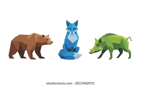 Three geometric wild animals featuring a brown bear, a blue fox, and a green wild boar rendered in a low-poly style.