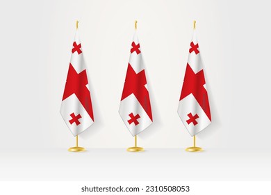 Tres banderas georgianas en fila en un puesto dorado, ilustración de la conferencia de prensa y otras reuniones. Ilustración vectorial.