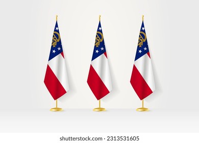Three Georgia flags in a row on a golden stand, illustration of press conference and other meetings. Vector illustration.