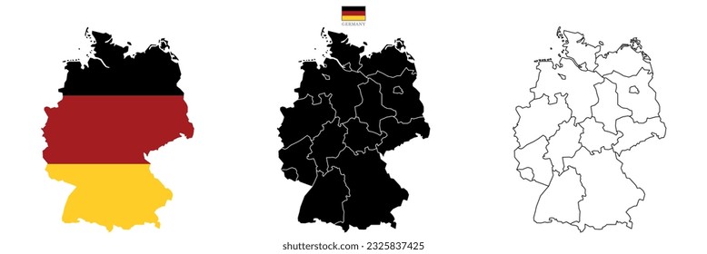 Three Germany map background with states. Germany map isolated on white background with flag. Vector illustration map europe