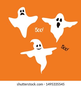 Three ghost characters with assorted expressions on orange background.  Cute ghost  Illustrations for kids on Halloween. Flat design. Vector Eps. 8