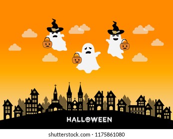 Three ghost. happy halloween in city background with pumpkin