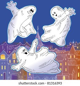 Three ghost playing in the night sky over the city.