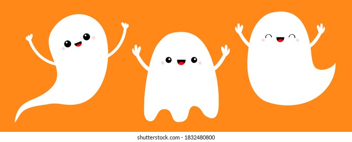 Three ghost spirit set line. Scary flying white ghosts. Boo. Cute cartoon kawaii spooky baby character. Smiling face, hands. Happy Halloween. Orange background. Flat design. Vector illustration