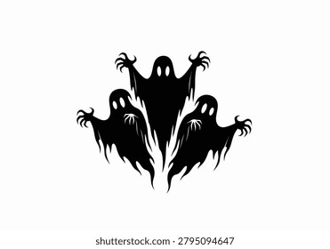 Three ghostly figures with elongated arms and eerie eyes, emerging from shadows