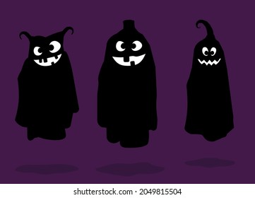 THREE GHOSTS WITH BLACK SHEETS FLOATING AND THROWING SHADOW ON A VIOLET BACKGROUN