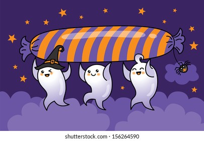three ghosts with candy run on clouds  
