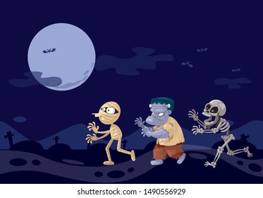 Three ghosts cartoon, Frankenstein mummy and skeleton at night.
