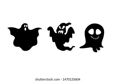 Three ghosts of different shapes and emotions. Vector set. Black on white. Halloween element design