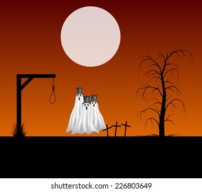 Three ghosts with hats standing in the cemetery 