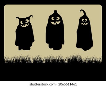 THREE GHOSTS ISOLATED AND AGAINST THE LIGHT FLOATING IN THE GRASS
