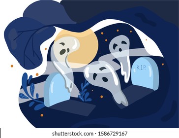 Three ghosts on a grave. Halloween illustration.