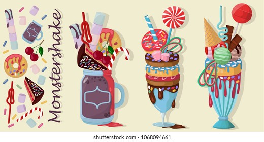 Three giant milkshakes with donut, lollipop, chocolate cake, cherries, marshmallows, donuts, ice-cream. Monstershakes, freakshakes, crazyshakes vector illustration isolated.