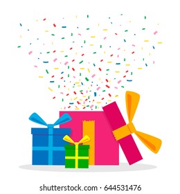 Tres cajas de regalo y Confetti. Sorpresa. Ilustración vectorial aislada en fondo blanco.