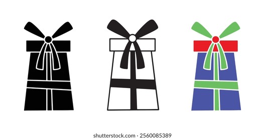 Three Gift Box Illustrations in Black and White and Colorful Variations