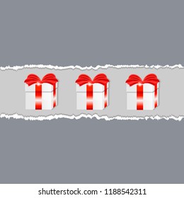 Three gift box with red ribbon and bow between two piece of torn gray paper
