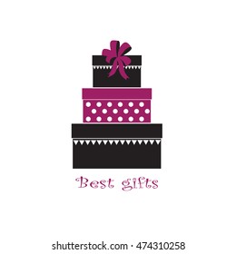 Three gift boxes with a bow made in vector for a store signs, cover, logo and other design types