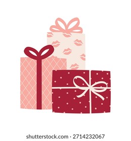 Tres cajas de regalo con lazos y patrones románticos, Clipart festivo para el día de San Valentín o días festivos