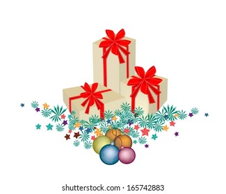 Three Gift Boxes Decorated on Christmas Tree Branches and Christmas Balls or Christmas Ornaments Decorated, Perfect Gift or Present for Someone Special in Christmas Celebration. 