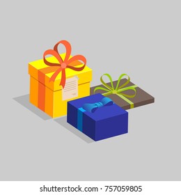 Three gift boxes of different colors and shapes, decorated with ribbons. Vector illustration.