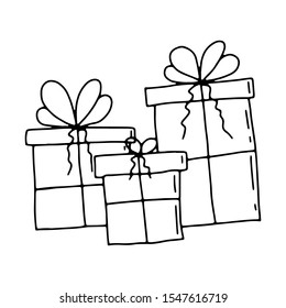 Three gift boxes of different sizes with ribbon at the top. Black and white cute icon in Doodle style for decor packages, postcards.Hand-drawn sketch.  