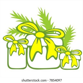 Three gift boxes and fur-tree branch on a blue striped background. Digital illustration.