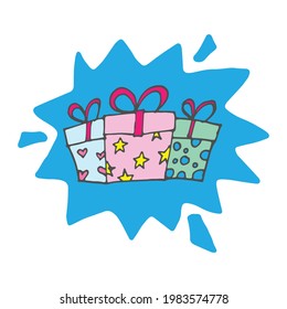 three gift boxes illustration with blue paint splash. hand drawn vector. christmas and birthday gift box with ribbon. doodle art for wallpaper, cover, poster, advertising, greeting, postcard, banner. 