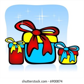 Three gift boxes on a dark blue sparkling background. Holiday illustration.