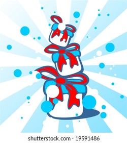 Three gift boxes on a striped background. Christmas illustration.