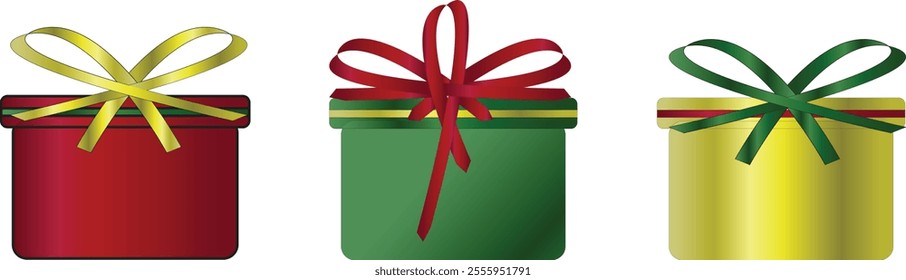 Three gift boxes in red, yellow, and green with simple ribbons for Christmas gifts.  Easter, New Year, birthday. 