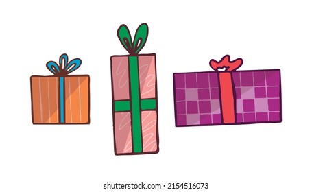 Three gift boxes with ribbons. Orange, pink and purple