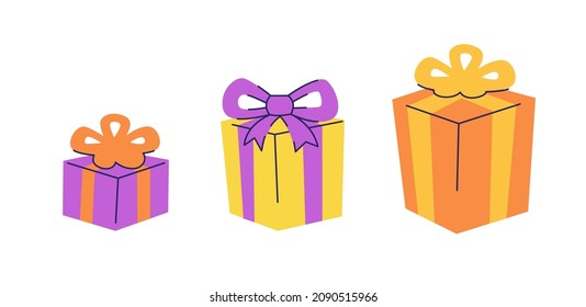 Three gift boxes in a row small to large. Size increase or compare. Vector flat illustration isolated on white.