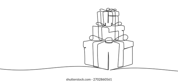 Three gift boxes stacked together, one continuous line. in simple linear style Vector illustration in doodle style.