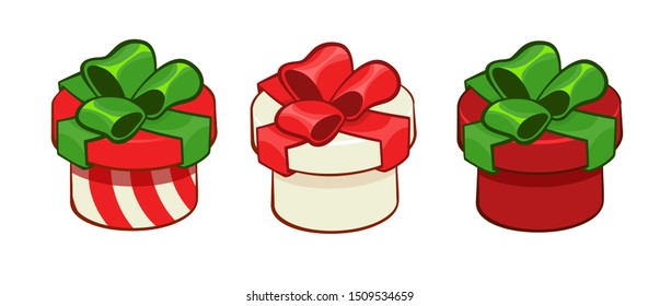 Three gift boxes in traditional Christmas colors - red, green, white, with striped pattern. Vector icons set isolated on white, flat style with outline