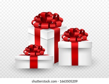 Three gift boxes wrapped in red ribbon and a bow over the top. Realistic style illustration.