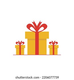three gift wraps, two small, one big, yellow gift wrap with red ribbon
