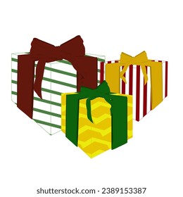 Tres cajas de regalos coloridas para navidad todas con impresión
