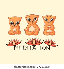 Three ginger kittens meditate with the inscription and lotuses. Vector image of hand-drawn cartoon style.