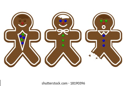 Three Gingerbread Men With A Bite Out Of One.