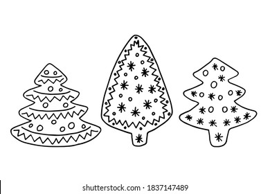 Tres mollejas en forma de árbol de Navidad.  Decorado con adorno.  Cubierta de cristal.  Dibujado por vector en estilo doodle.  Esquema.