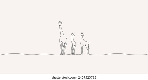 three giraffes on habitat vector one line drawing. single line illustration. animal minimalist line art