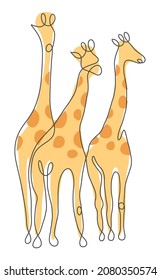 Three giraffes one continuous line art drawing. Elegant vector illustration representing the African fauna concept for prints, tattoos, posters, textile, web etc.